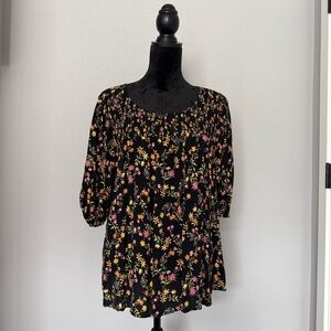 Terra & Sky 3X Boho Floral Peasant Blouse Black Smocked Yoke Plus Size 24W 26W